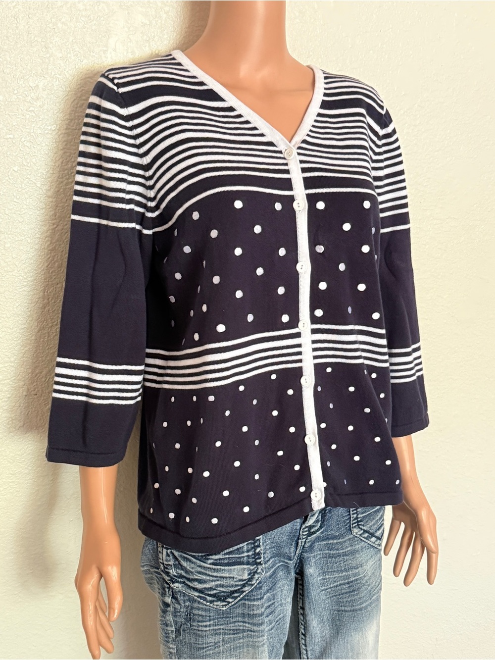 Christopher & Banks Navy and White Polka Dot Stripe Button-Front Cardigan
